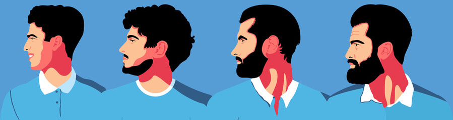 Set of 4 male portrait illustration side view. Silhouette group of multiethnic man who talk and share ideas and information. Young bearded men wearing in white and blue clothing.