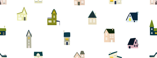 Cartoon childish city . Vector childish seamless pattern with town symbols, houses, buildings, trees, streets. City easy simple drawing map. Vector hand painted illustration.