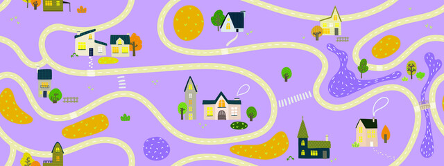 Cartoon childish city . Vector childish seamless pattern with town symbols, houses, buildings, trees, streets. City easy simple drawing map. Vector hand painted illustration.