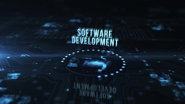Internet, business, Technology and network concept. Inscription Software Development on the virtual display. Virtual button.