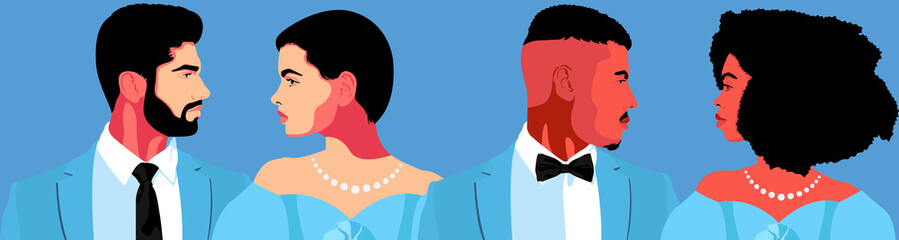 Obraz premium Set of abstract male and female portraits illustration side view. Silhouette group of multiethnic man and woman who talk and share ideas and information. Young bearded men wearing in white and blue cl
