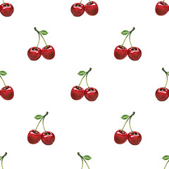 Ripe, juicy cherries on a twig with a leaf, red on a white background. Watercolor, seamless pattern. For decoration and design of fabrics, textiles, wallpaper, covers, posters, clothing, paper.
