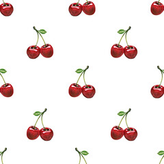 Ripe, juicy cherries on a twig with a leaf, red on a white background. Watercolor, seamless pattern. For decoration and design of fabrics, textiles, wallpaper, covers, posters, clothing, paper. © NATASHA-CHU