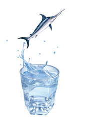 espadon, poisson, sauter, évasion, eau, en verre, boire, clapoter, liquide, isolé, froid, boisson, glace, blanc, bouillonner, frais, abattre, bleu, éclaboussure, clair, sain, verser, transparent, prop