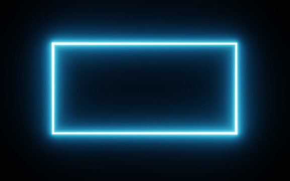 Square rectangle picture frame with blue tone neon color motion graphic on isolated black background. Blue light moving for overlay element. 3D illustration rendering. Empty copy space middle