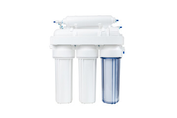 White and blue water filtration osmosis system with a carbon filter for clear water shot on a white...