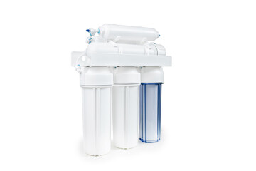White and blue water filtration osmosis system with a carbon filter for clear water shot on a white background - obrazy, fototapety, plakaty