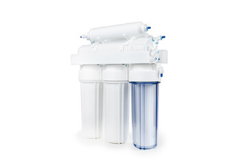 White and blue water filtration osmosis system with a carbon filter for clear water shot on a white...