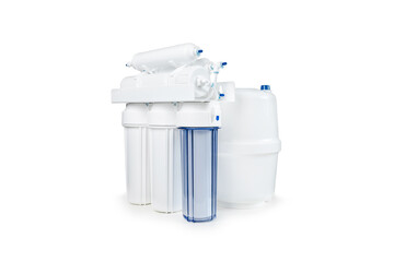 White and blue water filtration with reverse osmosis system with a carbon filter for clear water shot on a white background - obrazy, fototapety, plakaty