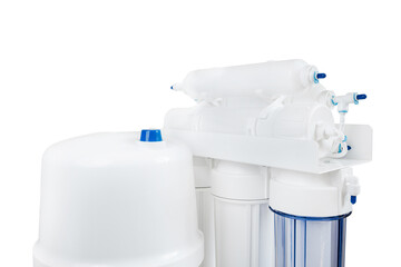 White and blue water filtration osmosis system with a carbon filter for clear water shot on a white...