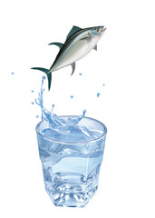 thon rouge , poisson, sauter, évasion, eau, en verre, boire, clapoter, liquide, isolé, froid, boisson, glace, blanc, bouillonner, frais, abattre, bleu, éclaboussure, clair, sain, verser, transparent, 