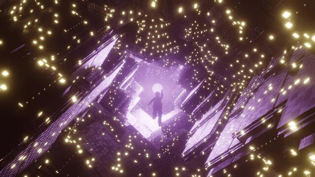 Space abstract tunnel with floating astronaut at corridor to the star. 3d animation loop