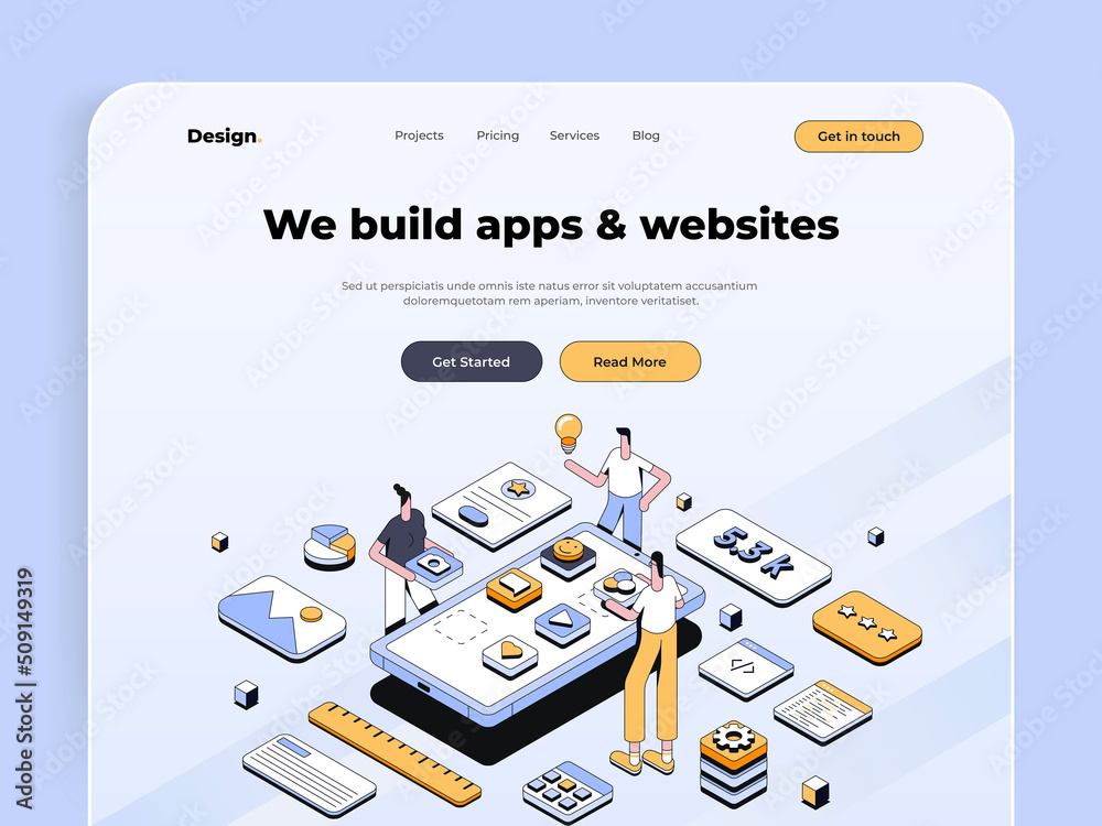 Sticker modern isometric design concept of design agency for website and mobile website. landing page templa