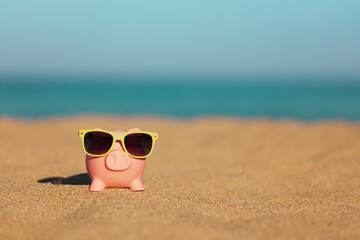 Fototapeta na wymiar Piggybank on the beach in summer