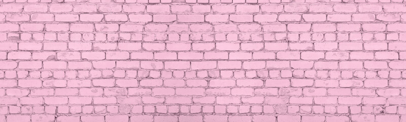 Pale pink old rough brick wall wide texture. Dusty rose shabby brickwork. Abstract vintage panoramic pastel color background