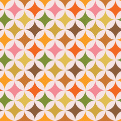 Mid century modern colorful starburst on white circles seamless pattern. For textile, home décor and fabric   