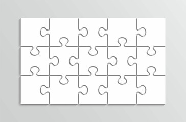 Puzzle thinking 3x5 game. 15 pieces jigsaw outline grid. Thinking game with separate shapes. Simple mosaic layout. Modern puzzle background. Laser cut frame. Vector illustration.