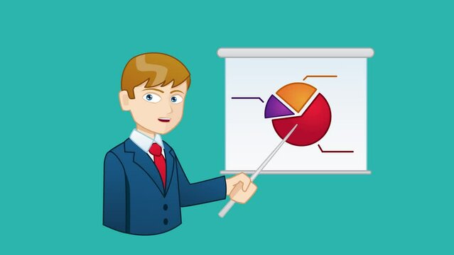 2D animation of businessman talking in front of flip chart. Animation is in easy to edit loop.