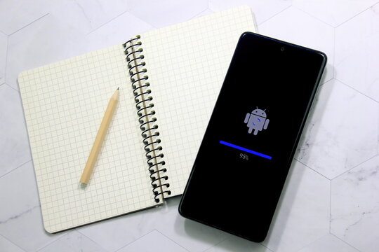 Riga, Latvia, june, 06, 2022: smartphone with Android logo on the screen