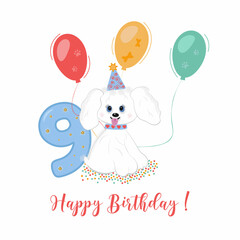 Number 9 nine year old Happy Birthday  celebration wish with a cute little dog, flying air colorful balloons and a festive inscription on a white background for boy
