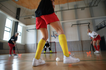Lowsection of woman, floorball player during match in gym.