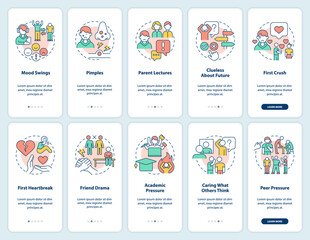 Teenage social and emotional issues onboarding mobile app screen set. Walkthrough 5 steps editable graphic instructions with linear concepts. UI, UX, GUI template. Myriad Pro-Bold, Regular fonts used