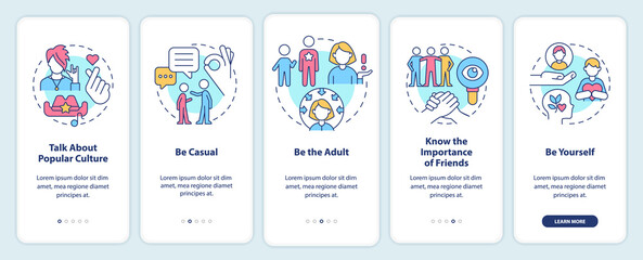 Getting along with teenagers onboarding mobile app screen. Be casual walkthrough 5 steps editable graphic instructions with linear concepts. UI, UX, GUI template. Myriad Pro-Bold, Regular fonts used