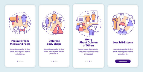 Negative teenage body image onboarding mobile app screen. Self-esteem walkthrough 4 steps editable graphic instructions with linear concepts. UI, UX, GUI template. Myriad Pro-Bold, Regular fonts used