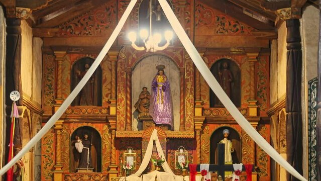 Tilt down shot of Interior of Jesuit Mission church in Concepcion, Bolivia.