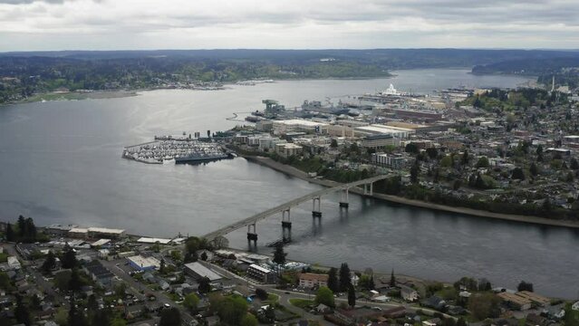 Decommissioned USS Turner Joy Docked Near The Manette Bridge In Bremerton, Washington. aerial