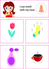 Cute girl is smelling with nose of objects. Funny montessori game for kids. Learning five senses. Vector illustration.