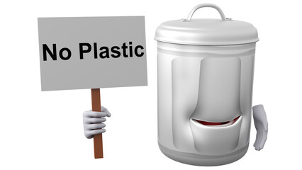 A 3D Cartoon Character of A Steel Waste Bin Holding No Plastic Typed Banner. A single plastic bag takes up to 1000 years to decompose.