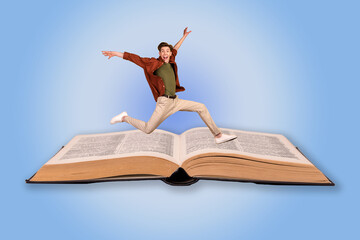 Creative 3d photo artwork graphics collage of funky guy running big open book isolated blue color...
