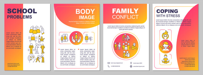 Teenage problems red gradient brochure template. Negative body image. Leaflet design with linear icons. 4 vector layouts for presentation, annual reports. Arial, Myriad Pro-Regular fonts used