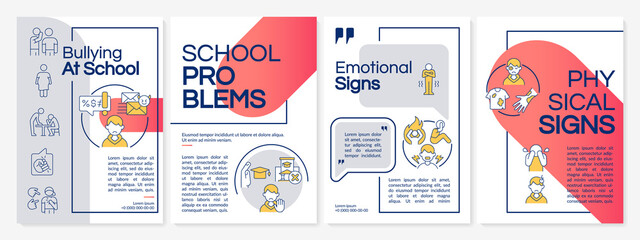 Detecting bullying in school red and grey brochure template. Leaflet design with linear icons. Editable 4 vector layouts for presentation, annual reports. Questrial, Lato-Regular fonts used