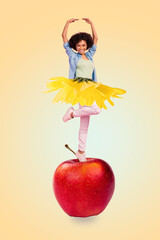 Collage 3d image of pinup pop retro sketch of girl dancing big red apple dressing flower skirt...