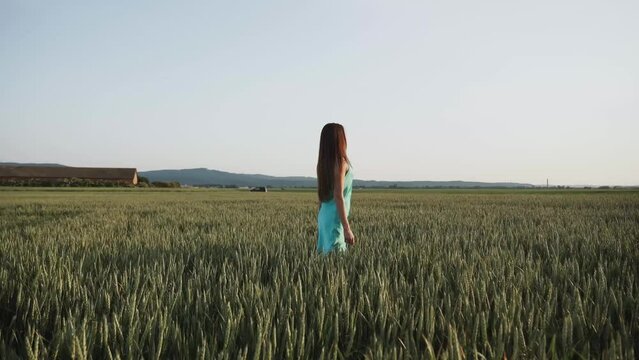 Young beautiful woman in long turquoise dress  in summer field. Concept of freedom. walking in amazing green field
