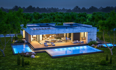 Fototapeta na wymiar 3d rendering of new concrete house in modern style with pool and parking for sale or rent and beautiful landscaping on background. Only one floor. Clear summer night with many stars on the sky.