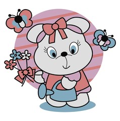 Little dog with flowers and watering can looking at her butterfly friend