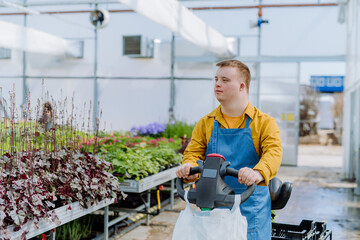 Young employee with Down syndrome working in garden centre, using hand pallet stacker.