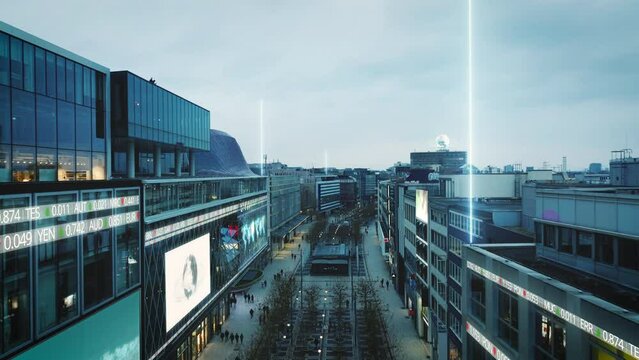 Forwards fly above Zeil shopping street at twilight. Using digital visual effects. Frankfurt am Main, Germany
