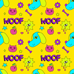 Seamless pattern with psychedelic dogs elements. Trendy vector print. Abstract design of cartoon stickers. Trend vector illustration EPS