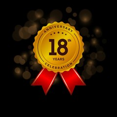 18 years anniversary logo with ribbon, golden Anniversary for booklet, leaflet, magazine, brochure poster, banner, web, invitation or greeting card. Vector illustrations.