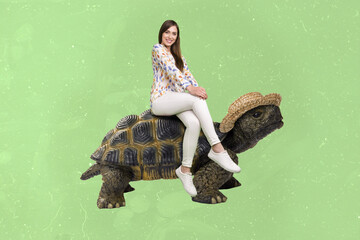 Funny girl sitting on top of big turtle have trip to fairyland best journey isolated green doodle painting collage background