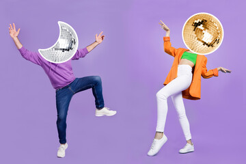 Collage creative portrait of two people dancing sun moon disco ball instead head isolated on violet...
