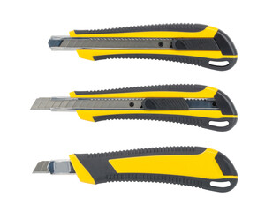 Yellow cutting utility knife isolated on a white background.[Clipping path].
