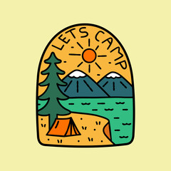 Nature design of let's camp , camping on cliff and mountain vibes for badge patch emblem graphic vector art t-shirt design