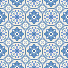 Seamless ornamental pattern, imitation of Portuguese ceramic azulejo tiles. Clipping masks used.