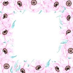 Handdrawn anemone frame. Watercolor wind flower on the white background. Scrapbook design elements. Typography poster, wedding card, label, banner design set.