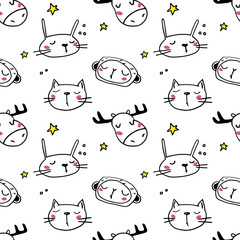 Cute seamless pattern with line art style wild animals - adorable hand drawn design EPS